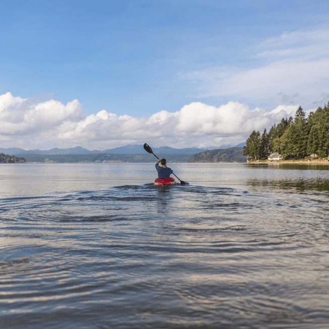 Kayaker paddling on calm lake near forested shore